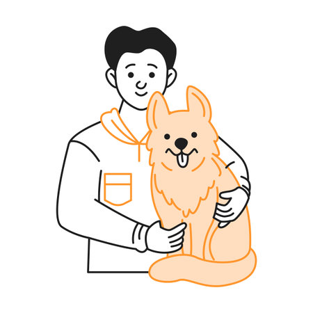 Young man tenderly hugs cute ginger dog color linear icon. Cheerful male pet owner with beloved domestic animal doodle simple illustrationのイラスト素材