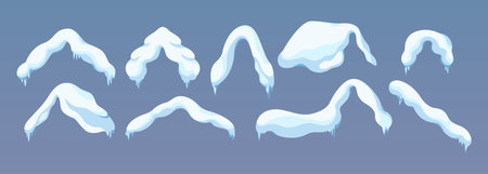 Winter charm with snow caps flat color vector objects set. Melting icicles evoking New year spirit illustrations bundle on blue backgroundのイラスト素材