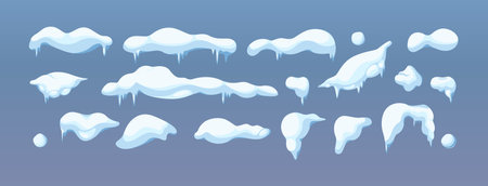 Snow caps snowballs and icicles flat color vector objects set. Christmas holiday decorations illustrations bundle on blue backgroundのイラスト素材