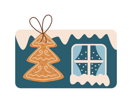 Card with snowy window and gingerbread Christmas tree flat color vector object. Festive greeting and congratulation for holiday correspondence on whiteのイラスト素材