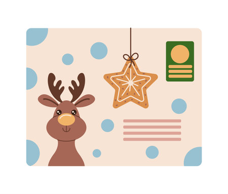 Cute Christmas envelope with reindeer and gingerbread star flat color vector object. Festive holiday greeting card illustration on whiteのイラスト素材