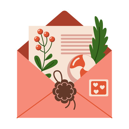 Christmas envelope with letter candy and holly decorations flat color vector object. Cute holiday greeting illustration on white backgroundのイラスト素材