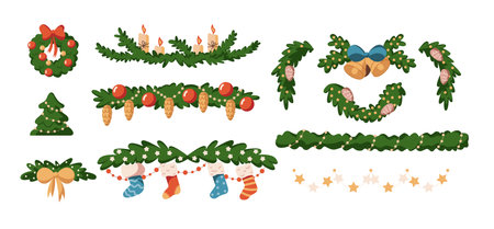 Christmas garlands with socks bells and fir branches flat color vector objects set. Holiday season decor illustrations bundle on white backgroundのイラスト素材