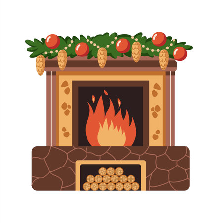 Holiday garland with pine cones on crackling fireplace flat color vector object. Cozy and warm atmosphere illustration on white backgroundのイラスト素材