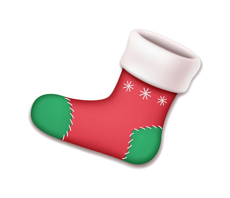 Christmas stocking with snowflake and fur realistic vector illustration. Ready for Santa gifts vintage sock 3d object on white backgroundのイラスト素材