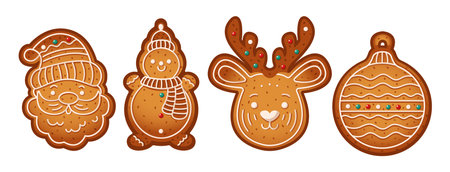 Various gingerbreads for Christmas party color vector objects set. Delicious homemade cookies illustrations bundle on white backgroundのイラスト素材