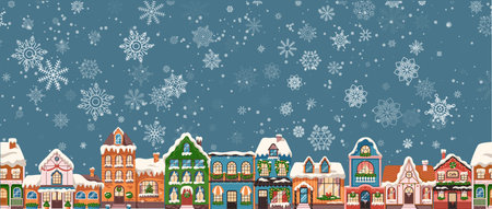 Fairytale winter town houses flat color vector illustration. Building with vibrant facades under snowfalls cartoon composition on blue backgroundのイラスト素材