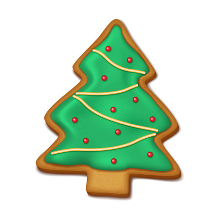 Festive gingerbread cookie Christmas tree realistic vector illustration. Biscuit adding holiday joy to celebrations 3d object on white backgroundのイラスト素材