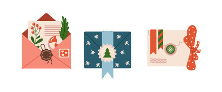 Festive Christmas envelopes with letter candy and bow flat color vector objects set. Spirit of new...