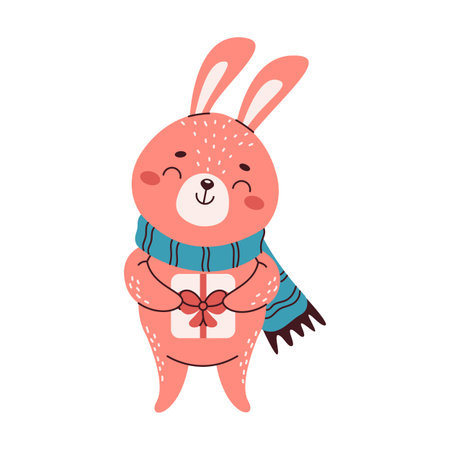 Bunny with scarf holding gift flat color vector character. Lovely rabbit with present box for Christmas illustration on white backgroundのイラスト素材