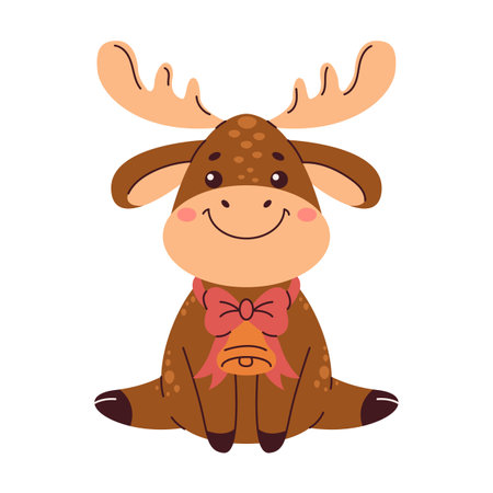 Happy little deer with bell on neck flat color vector character. Cute reindeer Christmas holiday symbol illustration on white backgroundのイラスト素材