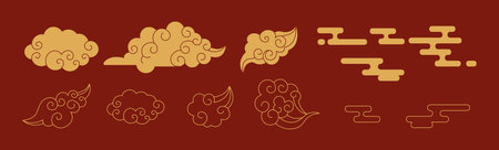 Ornaments in Chinese style linear glyph icons collection on red background. Decorative clouds and winding signs patterns objects setのイラスト素材