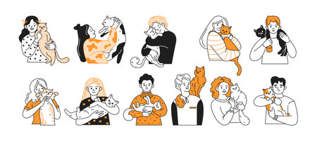 Happy people hug pets flat color linear icons collection. Women and men enjoying time with beloved animals characters set on white backgroundのイラスト素材
