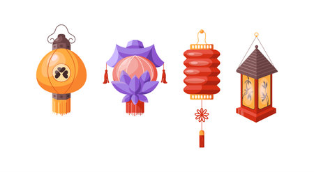 Traditional Asian holiday lanterns flat color vector objects set. Colorful oriental lamps for festive ambience illustrations bundle on whiteのイラスト素材