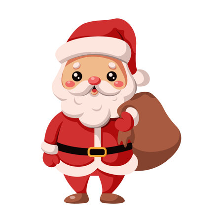 Cute little Santa holding gift sack flat color vector character. Saint Nicholas brining presents for Christmas illustration on white backgroundのイラスト素材