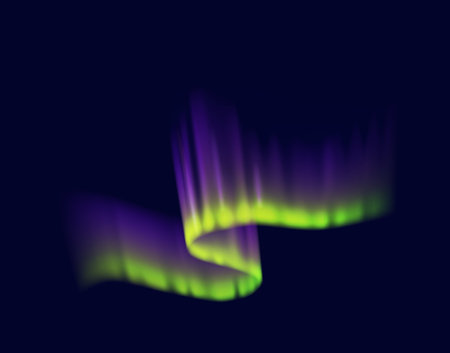 Aurora borealis illuminating night sky realistic vector illustration. Purple and green light wave beauty 3d object on dark backgroundのイラスト素材