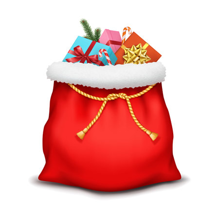 Festive Christmas bag loaded with gifts realistic vector illustration. Candy canes fir branch and presents in sack 3d object on whiteのイラスト素材