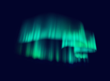 Northern lights aurora borealis in dark polar sky realistic vector illustration. Magical spectacle of green hues 3d object on dark backgroundのイラスト素材