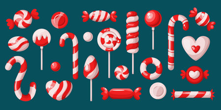 Traditional striped Christmas candies flat color vector objects set. Tasty sugar treats for children illustrations bundle on green backgroundのイラスト素材