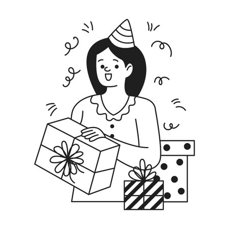 Excited woman holding gift box at birthday linear icon. Lady receiving presents for holiday doodle character doodle thin line illustrationのイラスト素材