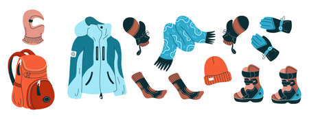 Warm clothes and backpack for winter sport flat color vector objects set. Wear and accessories illustrations bundle on white backgroundのイラスト素材