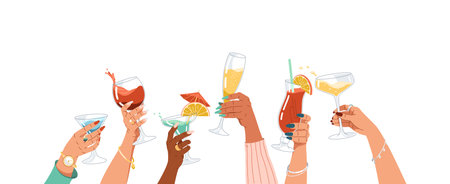 Diverse women hands cheering cocktails flat color vector illustration. Ladies raising wineglasses to click at festive party cartoon composition on whiteのイラスト素材