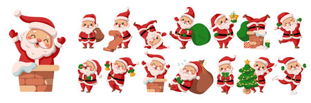 Cute Santa Clauses in various positions flat color vector icon set. Merry Christmas and happy New Year characters pack on white backgroundのイラスト素材