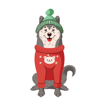 Happy husky wearing hat and sweater flat color vector character. Fluffy pet friend in warm winter clothing sitting illustration on white backgroundのイラスト素材