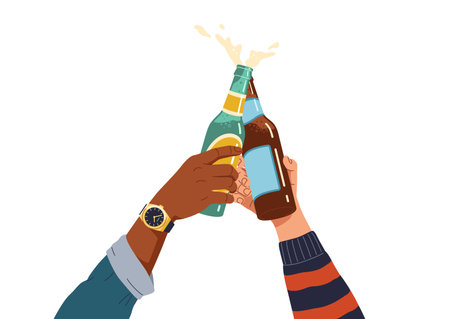 Friends hands cheering beer bottles flat color vector illustration. Multiracial people enjoying drinks closeup cartoon icon on whiteのイラスト素材
