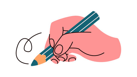 Hand drawing with pencil flat color vector illustration. Artist using crayon to create artwork closeup cartoon icon on white backgroundのイラスト素材