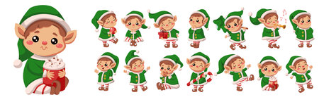 Cute Christmas elves different expression flat color vector icon set. Winter holiday celebrating characters pack on white backgroundのイラスト素材