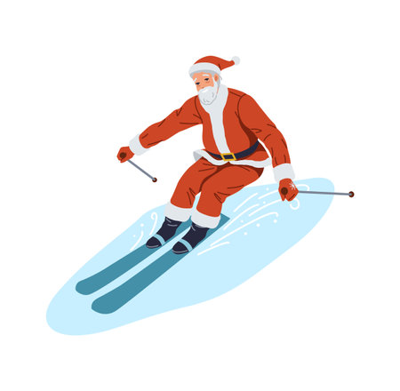 Santa Claus enjoying skiing flat color vector character. Happy Saint Nicholas riding down snowy hill illustration on white backgroundのイラスト素材