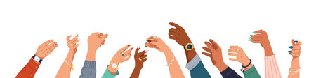 Multicultural people raising hands in imitation of holding glasses gestures flat color vector illustration. Men and women arms cartoon composition on whiteのイラスト素材