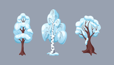 Forest trees covered with snow flat color vector objects set. Winter season weather and nature in woods illustrations bundle on gray backgroundのイラスト素材