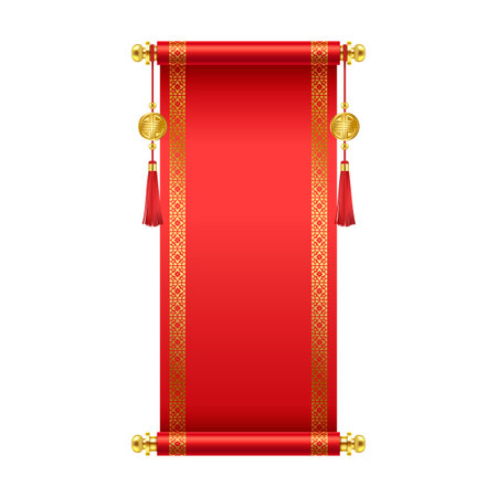 Luxury vintage Chinese scroll with copy space realistic vector illustration. Blank oriental New Year good luck symbol 3d object on whiteのイラスト素材