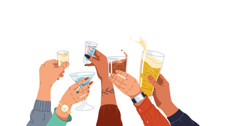 Friends hands cheering alcohol drinks flat color vector illustration. Diverse people raising glasses to link at party cartoon composition on whiteのイラスト素材