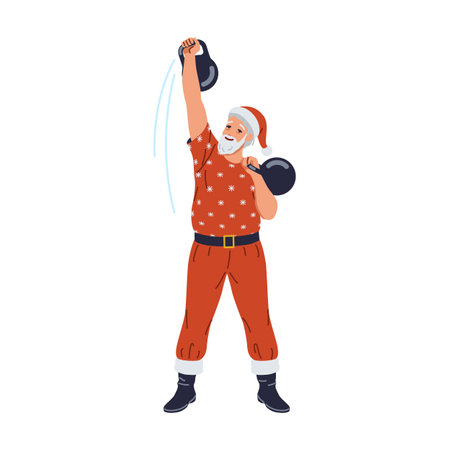 Happy Santa Claus lifting kettlebells flat color vector character. Old man training to present Christmas gifts illustration on white backgroundのイラスト素材