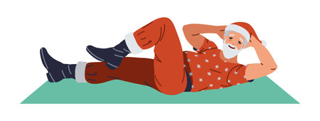 Happy Santa doing crunches exercises on mat flat color vector character. Grandpa at fitness training for Christmas season illustration on whiteのイラスト素材