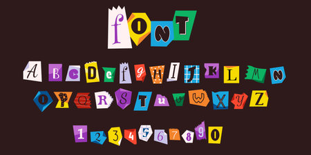 Letters and digits cut out of magazine pages font vector illustration on black background. Stylish retro design elements collectionのイラスト素材