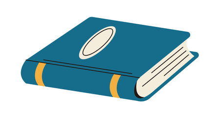 Novel book with blue hardcover flat color vector object. Reading hobby. Closed textbook in library illustration on white backgroundのイラスト素材