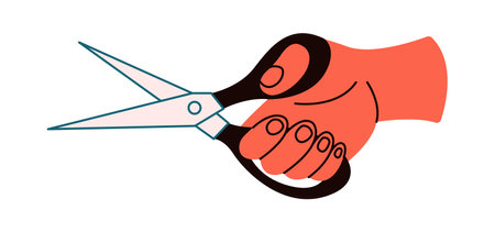 Hand holding tailor scissors flat color vector illustration. Person starting to cut fabric closeup cartoon icon on white backgroundのイラスト素材