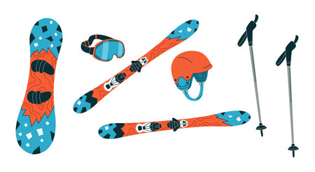 Winter extreme sports equipment flat color vector objects set. Skiing and skateboarding accessories illustrations bundle on white backgroundのイラスト素材