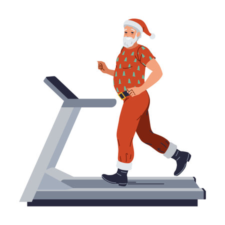 Smiling Santa running on treadmill flat color vector character. Active preparation for Christmas holiday illustration on white backgroundのイラスト素材