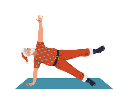 Flexible Santa Claus practicing yoga flat color vector character. Saint Nicolas doing side plank on mat illustration on white backgroundのイラスト素材