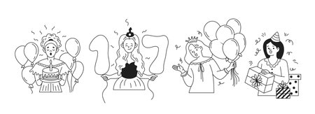 Happy women celebrating birthdays linear icons collection. Ladies with b-day party accessories doodle characters set on white backgroundのイラスト素材