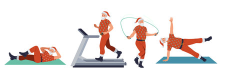Santa Clauses training in gym flat color vector icon set. Sportive Saint Nicholas preparing for Christmas characters pack on white backgroundのイラスト素材