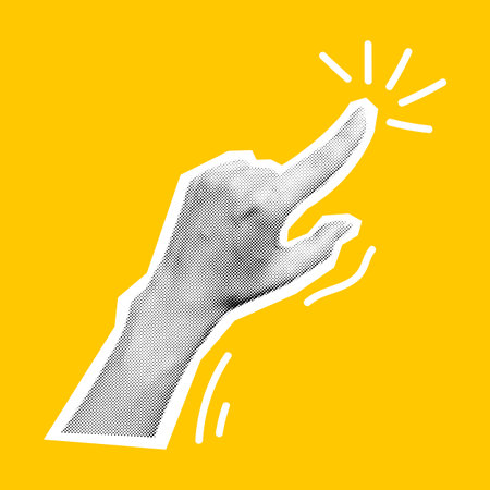 Halftone textured hand touching digital screen with index finger vector illustration. Interaction with touchscreen device on yellow backgroundのイラスト素材