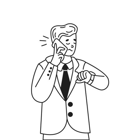 Stressed businessman talking on phone and checking time on wristwatch linear icon. Feeling impatient man doodle character thin line illustrationのイラスト素材