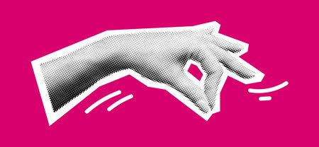 Hand pinch elegant gesture halftone collage vector illustration. Pouring salt and spices onto dish by fingers in body tongue on pink backgroundのイラスト素材