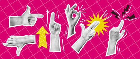 Various hand gestures art collage halftone vector illustration set. Showing support and right direction by body language on pink backgroundのイラスト素材
